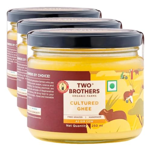 Image of Two Brothers Organic Farms Pure A2 Cultured Ghee 250 ml | Free-grazed Desi Gir Cows | Bilona Method | Farm-Made with Probiotics for Gut Health | India's only Certified Glyphosate-Free ghee (Pack of 3)