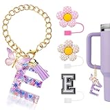Raxiact 4PCS Stanley Cup Accessories for 30oz 40oz Tumbler with Handle, Silicone Straw Covers Topper Cap and Boot, Spill Proof Stopper, Keychain Handle Charm, Initials Decorations, Purple E