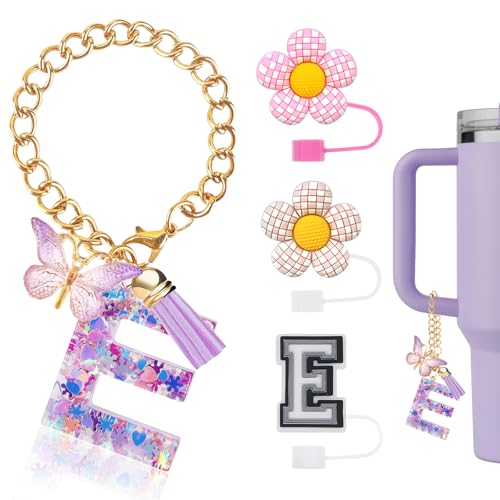 Raxiact 4PCS Stanley Cup Accessories for 30oz 40oz Tumbler with Handle, Silicone Straw Covers Topper Cap and Boot, Spill Proof Stopper, Keychain Handle Charm, Initials Decorations, Purple E