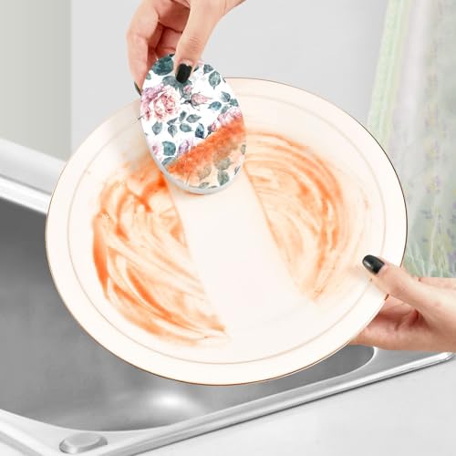 Image of CEBUGI Non-Scratch Scrub Sponges 3 Pack Kitchen Sponges for Washing Dishes,Cleaning Supplies for Kitchen Bathroom Household(Pink Blooming Roses)