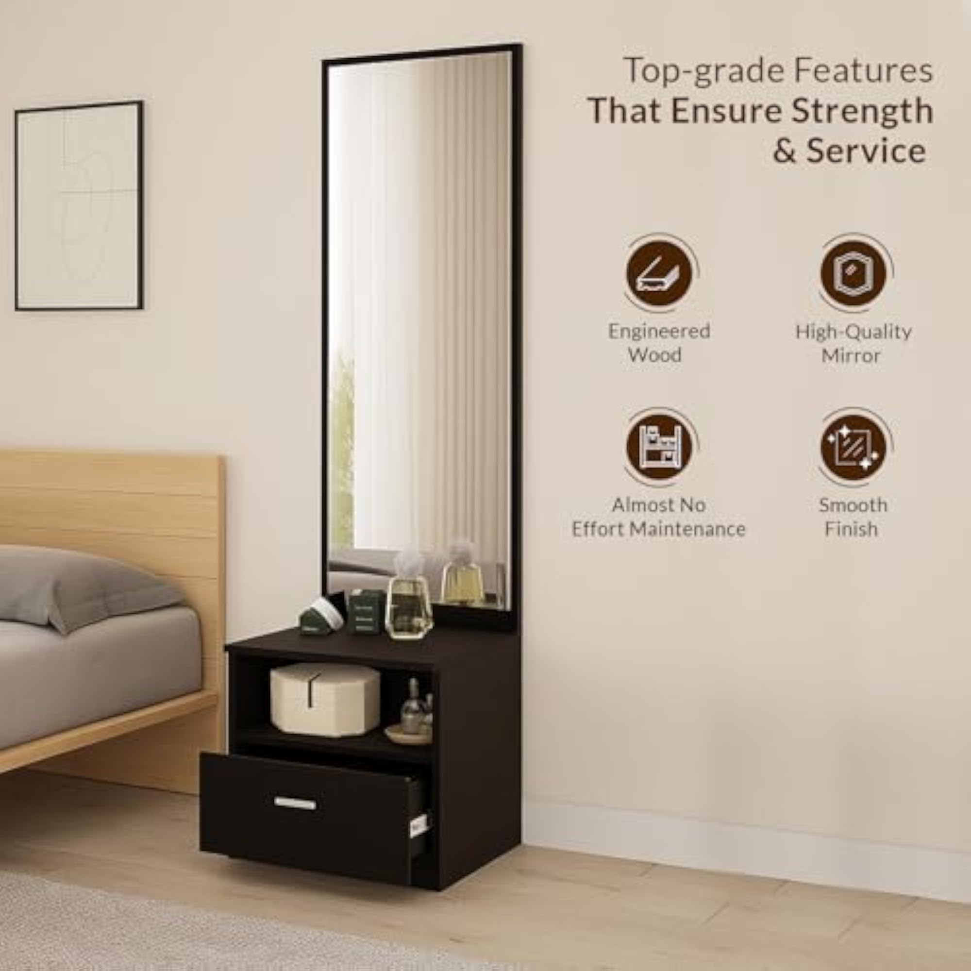 Wooden Dressing Table with Mirror, Classic Black