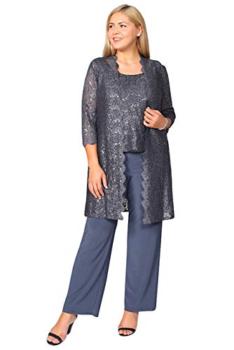 R&M Richards Mother of The Bride Pant Suit, 3 Pieces Dress Set | Sleeveless with Matching Lace Jacket