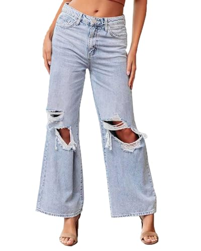cffvdiz Women's Baggy Distressed Ripped Wide Leg Jeans High Waist