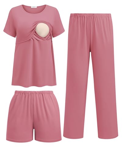 Ekouaer 3 Piece Postpartum Nursing Pajamas Set Short Sleeve Breastfeeding Shirts Pregnancy Shorts &...