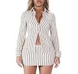 Women 2 Piece Outfits Striped Button Down Shirt Mini Skirt Sets White L