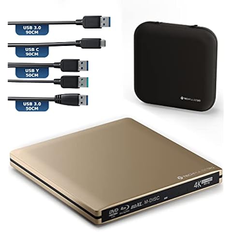 techPulse120 Externes UltraHD UHD 4k 3D M-DISC BDXL HDR10 100GB USB 3.0 & USB-C Laufwerk Bluray Brenner Burner Superdrive UltraSlim BD DVD CD Ultra Paket Tasche 90cm Anschlusskabel Aluminium Gold Cover