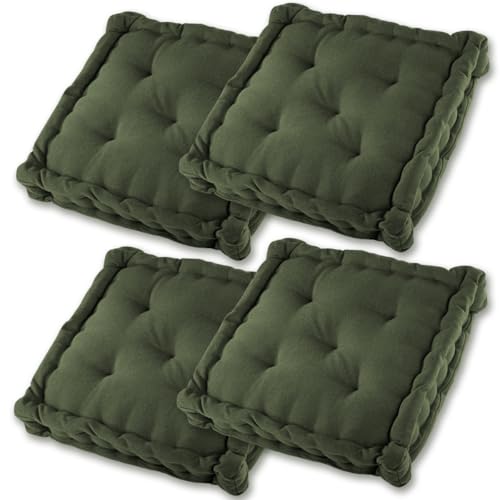 Gräfenstayn® 4er-Set Sitzkissen Stuhlkissen 40x40x8cm für Indoor und Outdoor aus 100% Baumwolle Dicke Polsterung Steppkissen/Bodenkissen (Khaki)