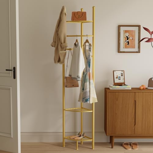 unho Perchero de Esquina de Metal Dorado Perchero de Pie con Estante de Entrada Recibidor pasillo174x44,5 cm - imagen 4