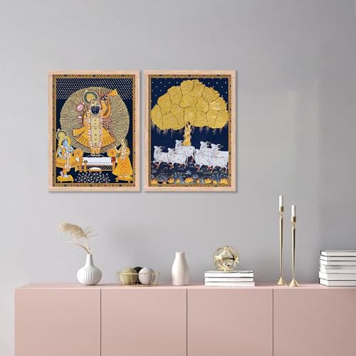 Image of kotart Premium Traditional Wall Art Set of 2 | Kamdhenu Cow Painting | MDF Wooden Framed Pooja Room & Living Room Wall Decor (Art 2, 14x20 Inch)