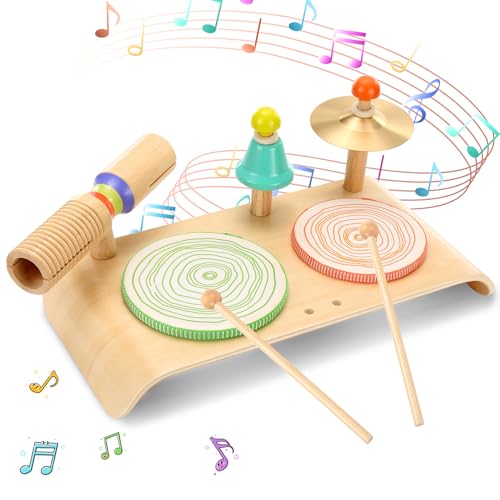 OATHX Kids Drum Set, Baby Musical Instruments Toys for Toddlers, 6 in 1 Wooden Musical Toys, Educational Percussion Drum Sensory Toys Montessori Toys for Kids