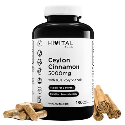Canela de Ceylán 5000 mg. 180 cápsulas veganas para 6 meses de tratamiento. Extracto Natural de rama de Canela (Cinnamomum Zeylanicum) con 10% Polifenoles. De Hivital