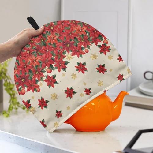 Image of Tea Cosy Tea Pot Cozies with Top Handle Decorative Accessories for Teapots Kitchen Home Table Breakfast Warmer Dust Cover Christmas Poinsettia Flowers