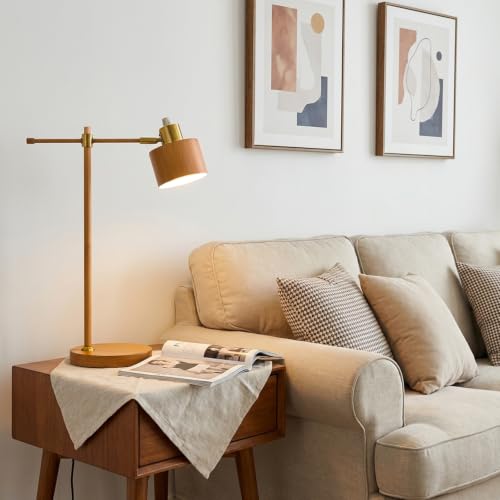Image of OYEARS 22.2 inch Mid Century Desk Lamp, Modern Metal Table Lamp with LED Bulb, Adjustable Reading Lamps, Industrial Task Lamp for Home Office, Farmhouse Bedside Lamps with Solid Base, Woodgrain