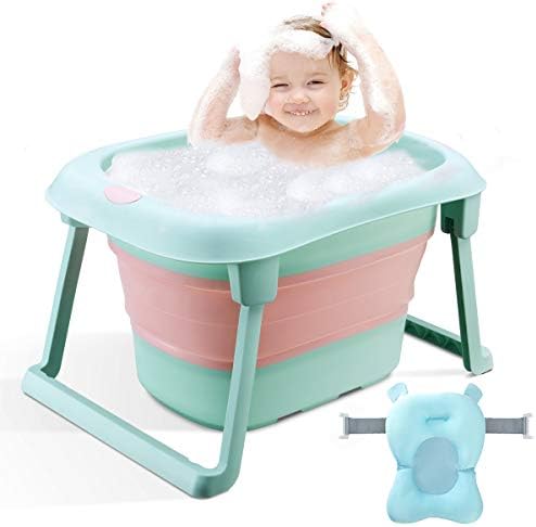 3-in-1 Baby Bath Tub Portable Toddler Collapsible Bathtub Infant Shower Basin Anti Slip Skid Proof for 0-10 Years (Green, tub+Cushion)