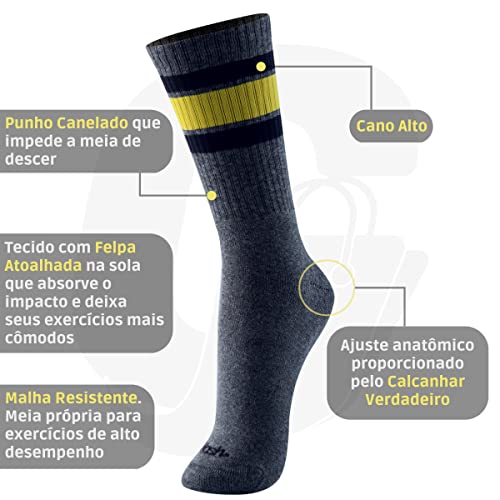 Kit 02 Pares Meias Cano Alto Mash Esportiva Masculina Adulto | Branco Com Verde | Cinza Com Amarelo