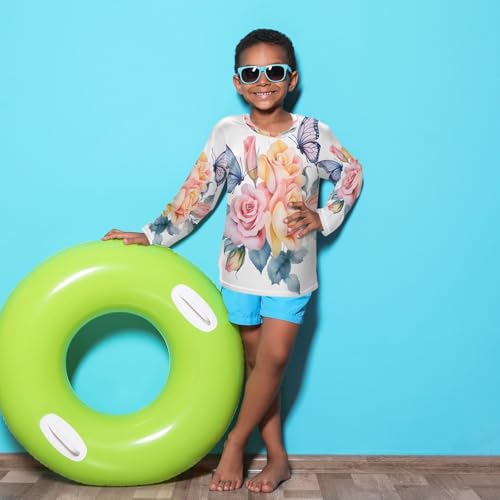 Boys Rash Guard Swim Shirt Long Sleeve UPF+ 50 Sun Shirts Quick Dry Shirt Butterfly Yellow Pink Floral for Toddler Kids4