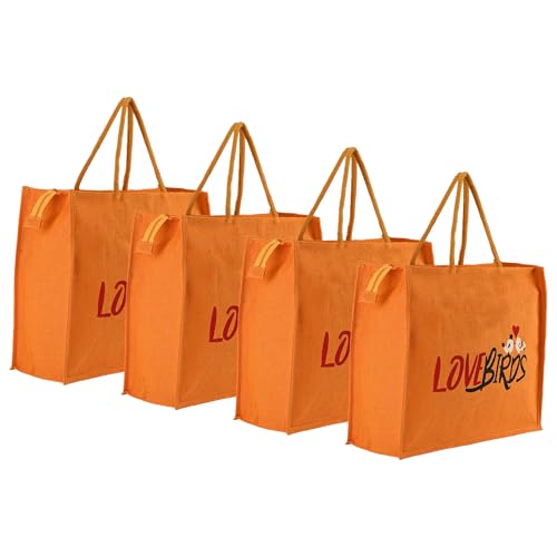 Kuber Industries Pack of 4 Multi-purpose Jute Lunch Bags For Office Men/Women | Reusable Shopping Grocery Bag with Zip & Handle | Carry bag & Jhola for Adults | Birds Print - Orange