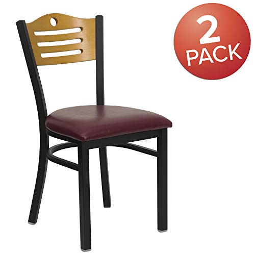 Image of Flash Furniture 2 Pk. HERCULES Series Black Slat Back Metal Restaurant Chair - Natural Wood Back, Burgundy Vinyl Seat