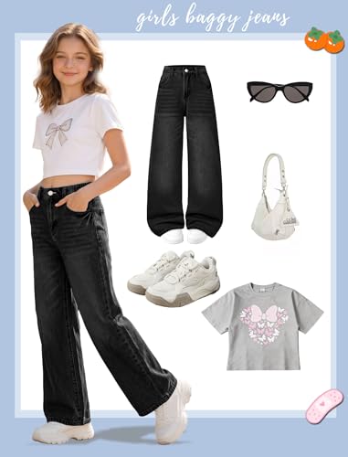 Image of Jeans for Girls Baggy Wide Leg Cute Bow High Elastic Waisted Denim Pants Y2K Boyfriend Skater Streetwear 7-14Y