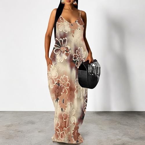 Image of Women's Summer Maxi Dress Spaghetti Strap Floral Boho Beach Long Sundress with Pockets