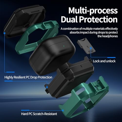 Image of Hybrid Lock Armor Case Cover for Samsung Galaxy Buds 4 and 4 Pro, Rugged, Shockproof with Heavy Duty Carabiner (Dark Green, Armor with Lock)