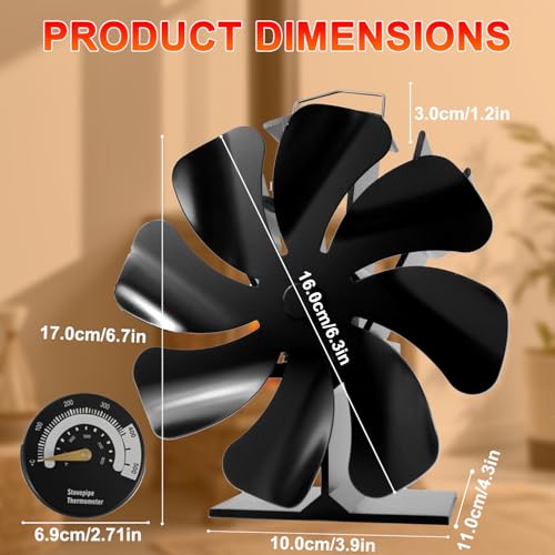 Image of Tomersun Wood Stove Fan 8 Blade Heat Powered, Woodburner Fireplace Fan for Wood Burner /Burning /Stoves, with Thermometer