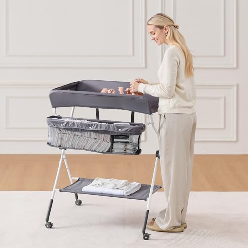 Miniatura 8 de Vevor Cambiador Para Bebé, Cambiador Plegable Portátil De 848 X 745 X 1030-1090 Mm Con Cesta Lateral, Ruedas Bloqueables, Organizador Multifuncional Para Habitación Infantil, Gris Oscuro