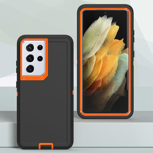 Image of Case for Galaxy S21 Ultra, Heavy-Duty Tough Rugged Shockproof Drop Protective Cover Cases for Samsung Galaxy S21 Ultra, Black+Orange