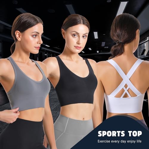 Image of Sports Bra, Workout Tops for Women, Medium Impact Strappy Padded Sports Bras for Women High Support (Medium, 003 Style Black & White & Gray 3pieces)