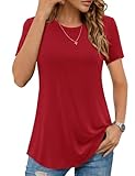 Aottori Camiseta Mujer Manga Corta T Shirts Verano Cuello Redondo Suelta Algodon Camisa Elegante Casual Liso Básica Camisas Top Rojo M