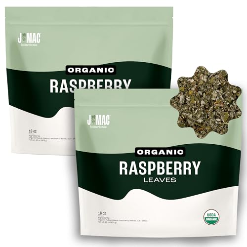 J Mac Botanicals, Organic Red Raspberry Leaf, Herbal tea (16 ounce bag 200+ cups) cut &amp; sifted dried leaf, pack of 2