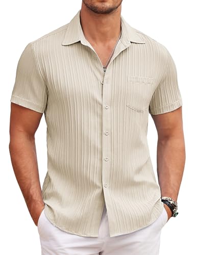 Image of COOFANDY Mens Short Sleeved Shirts Casual Button Down Summer Hawaiian Shirts Regular Fit Solid Tops with Pocket Beige XL