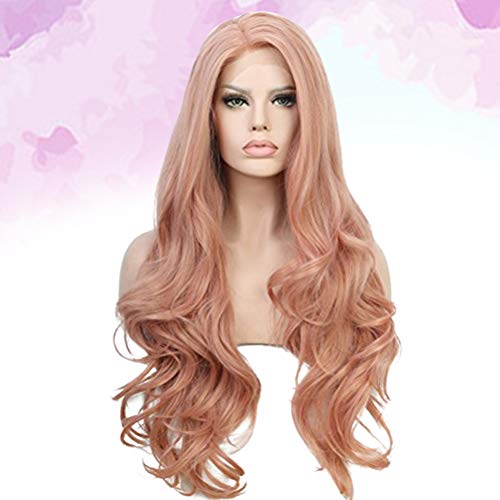 Lurrose Capa de cabelo longo cacheado para festa testa de renda elmo peruca de cabelo requintado par