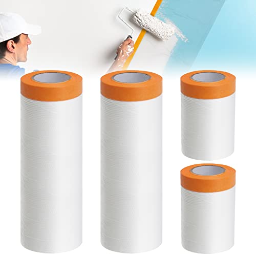 ANZOAT 4Rollen Abdeckfolie mit Klebeband,270cm+240cm+55cm Transparent Abdeckfolie mit Gewebeklebeband,Selbstklebend Abdeckfolie Maler, UV Beständig PET Masker Tape Malerkrepp zum Staubschutz