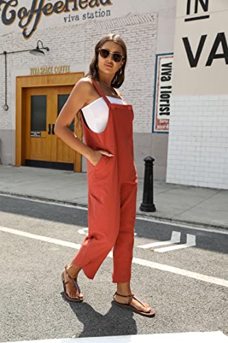 Puwei Womens Cotton Adjustable Bib Overalls Casual Wide Leg Baggy Jumpsuit With Pockets(2209-Red-L) #TOP5