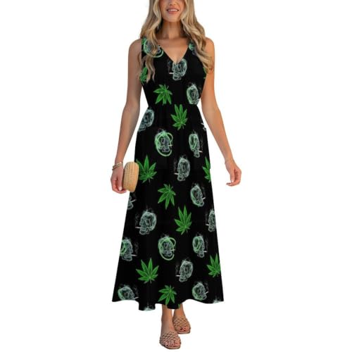 Womens Flowy Maxi Dress, Pot Leaf WeedLeaf Skull Smoking, Summer Sleeveless Ankle Length Comfortable Dresses for Dating, Party, Vacation, Shopping, Lounge