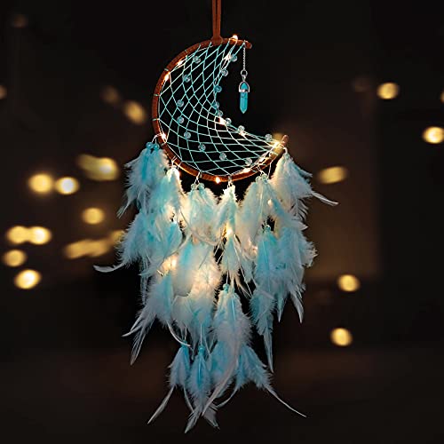 Dremisland Moon Dream Catcher With Fairy Lights-Handmade Feather Lucky Turquoise Pendant Beads Wall Hanging Ornament For Kids Bedroom Home Decoration ,Art Craft Gift. ( Sky Blue ) #TOP6