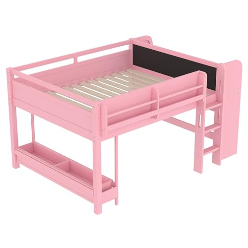 Image of Full Loft Bed with Multi-Storage Bookcases, Boxes and Drawers, Solid Wood Low Loft Beds with Desk and Blackboard, No Box Spring Needed (Pink-02)