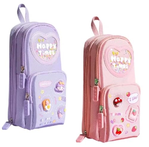 Image of Invite Kawaii 3 Compartment Pencil Case - Aesthetic, Large Capacity Pen Pouch for Girls - Multifunctional Stationery Organizer for School【Happy Time Combo】【Pack of 2】