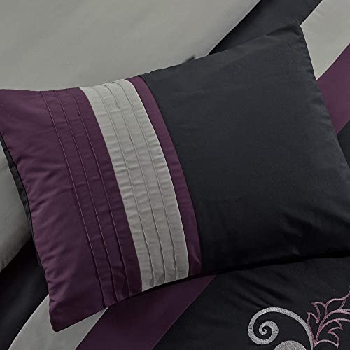 Chezmoi Collection Napa 7-Piece Luxury Leaves Scroll Embroidery Bedding Comforter Set (King, Purple/Black/Gray)