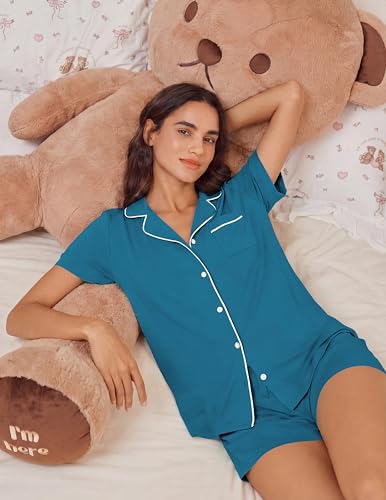 Image of Ekouaer Womens Pajamas Set Soft Classic Notch Collar Bride Pjs Comfy Short Sleeve Sleepwear Loungewear