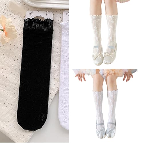 Breathable Kids Socks 3-13 Years Girls Middle Tube Socks Stackable with Delicate Flower Pattern for Spring and2