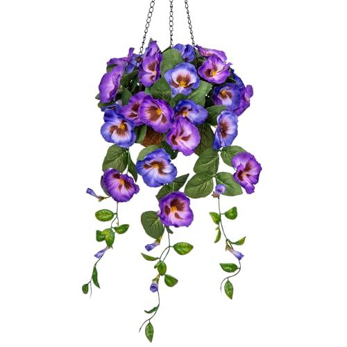 Briful Artificial Hanging Basket Outdoor Blue&Purple Pansy Fake Flowers Realistic Silk Fall Bloom Faux Flowers Coconut Basket for Home Decor Indoor Farmhouse Balcony Patio Garde