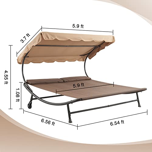 Double Chaise Lounge Bed With Adjustable Canopy And Pillow And Wheels, Extra Large Patio Hammock Bed For Garden, Lawn, Backyard, Courtyard, 6.6'L X 6.5'W, Brown #TOP1