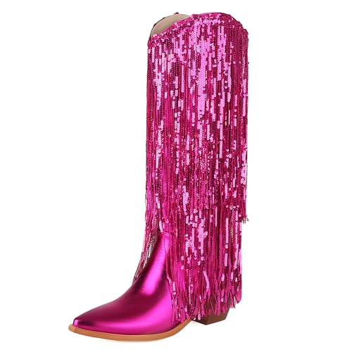 KiutSymo Womens Fringe Metallic Cowboy Boots Pointed Toe Block Chunky Heel Tassel Cowgirl Western Mid Calf Boots Dress Party Boots