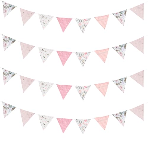 Image of Zwiebeco 32Ft Pink Fabric Floral Pennant Banner Bunting Cotton Pinkish Flowers Triangle Flags Party Decorations for Birthday Wedding Engagement Bridal Baby Shower Rustic Village Home Garden Decor