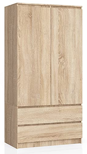 AKORD Armoire 2 Portes | Armoir Chambre 2 Tiroirs avec Etagères et Une Tringle | L90 x H180 x P51 cm | Panneau Stratifié 16mm | Armoire sans Penderie Chambre...
