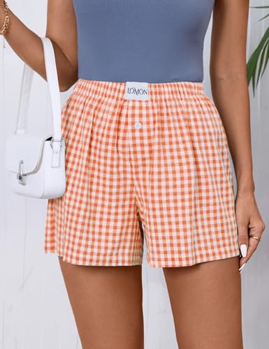 Image of LOMON Womens Boxer Shorts Casual Summer 2026 Pajama Lounge Sleep Pj Gingham Plaid Shorts Y2K Beach Bottoms