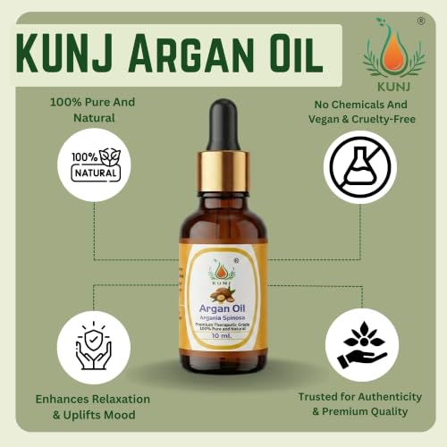 Image of KUNJ Argan Oil for Hair, Face, Skin & Nails 10ml - 100% Pure & Natural Cold Pressed Undiluted Carrier Oil | Helps Moisturize Skin, Nourish Hair, Control Frizz & Add Shine | Lightweight Beauty Oil