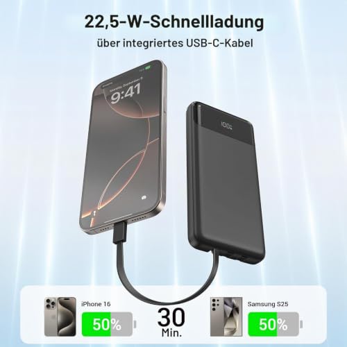Power Bank 20000mAh, Powerbank 22,5W Schnellladung mit Integrierten 3 Kabel – Ansicht 2